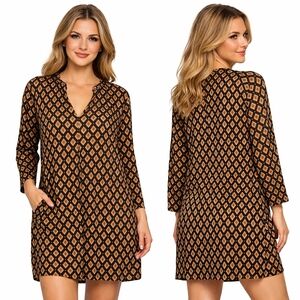 J JILL Dress Women Plus 2X Black Tan Long Sleeve Stretch Artsy Casual Stretch